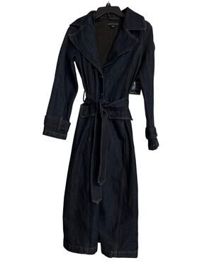 Boston Proper Chic Denim Belted Trench Coat Dark Rinse Long Jacket NWT Size XS